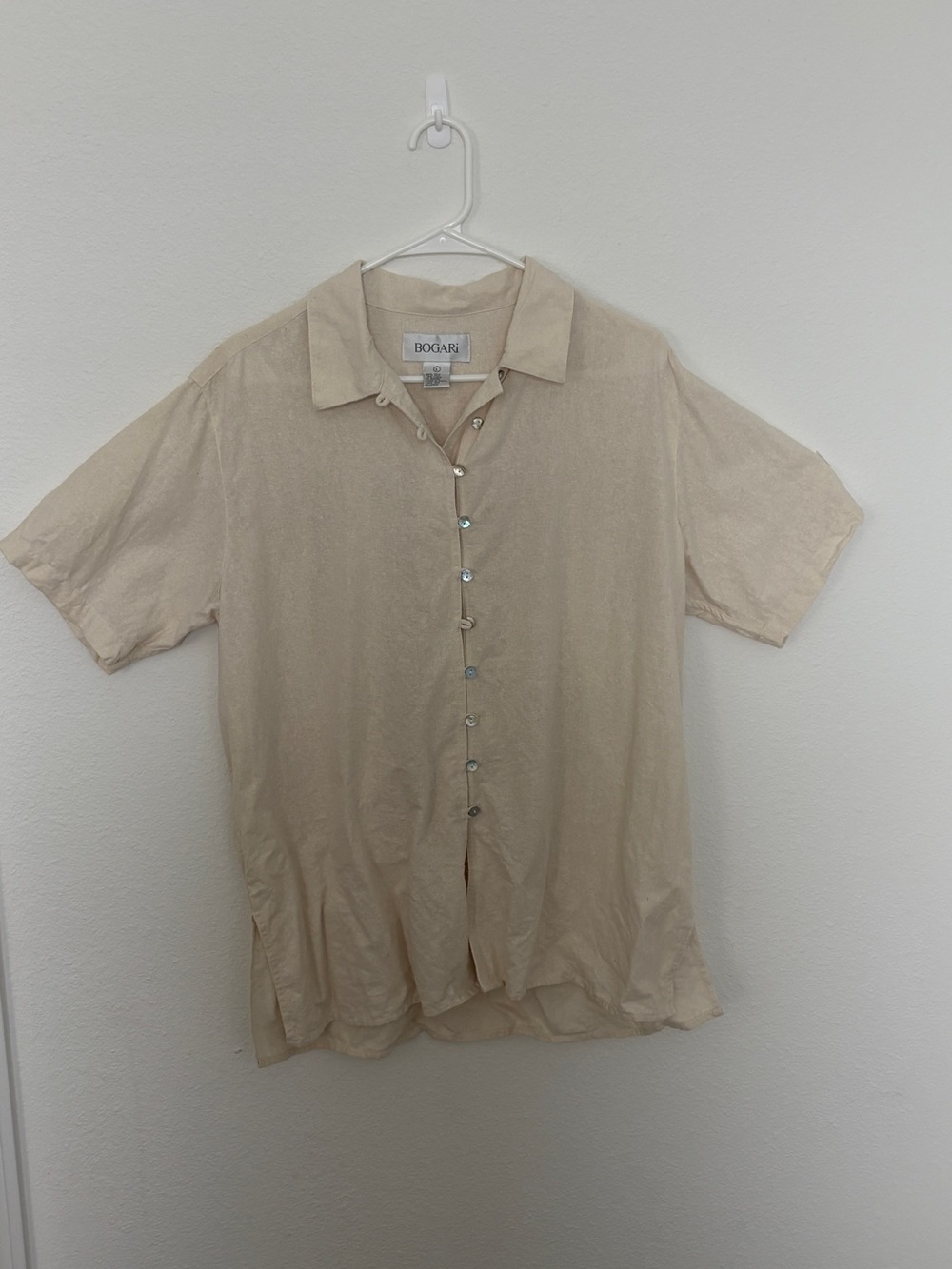 Bogari Beige Short-Sleeve Button-Up Shirt Silk Linen Blend Resortwear Beach Sz L